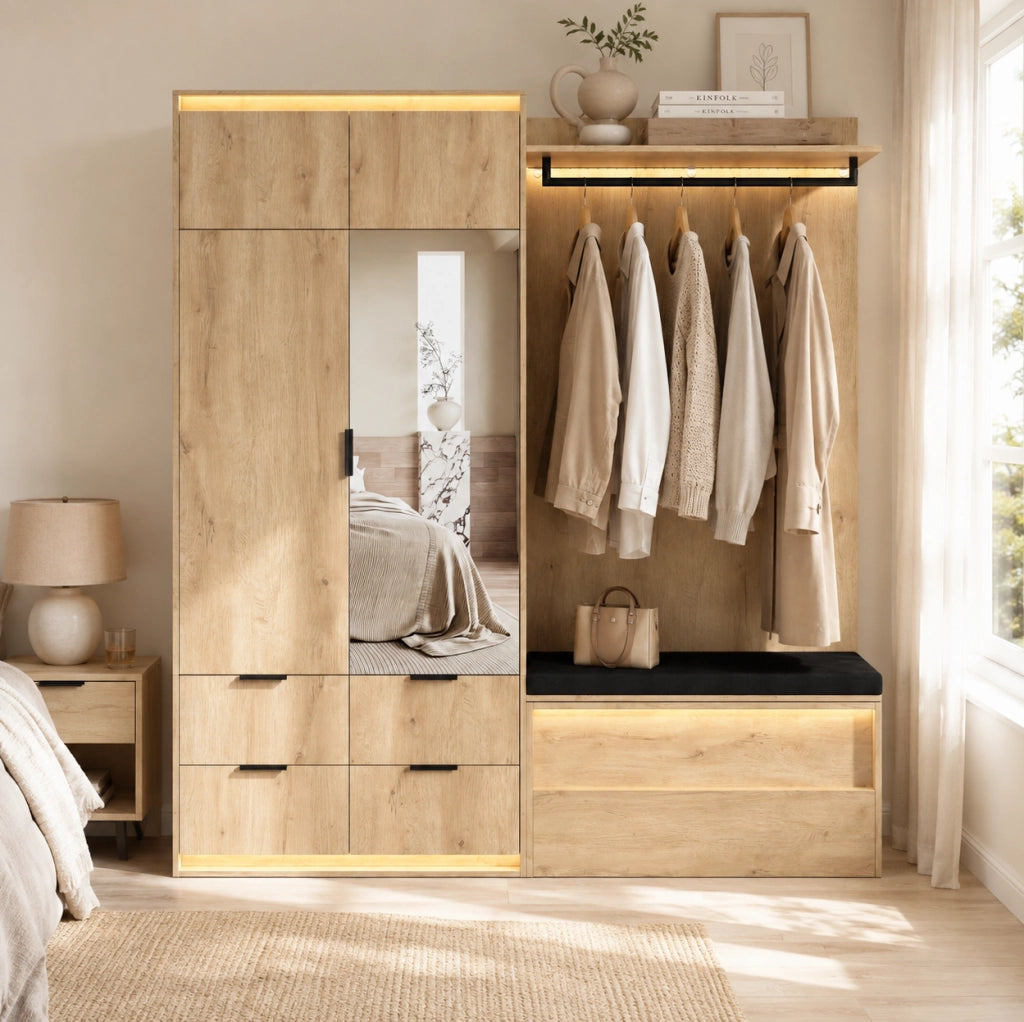 ARMADIO Guardaroba con LED, Specchio e Panchina 180x47x200 cm MDF Rovere Antracite