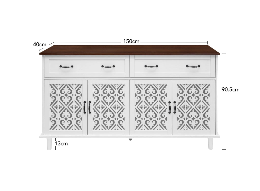 Credenza con 4 ante; 2 cassetti e ripiani regolabili - bianco - 150×40×90.3 cm