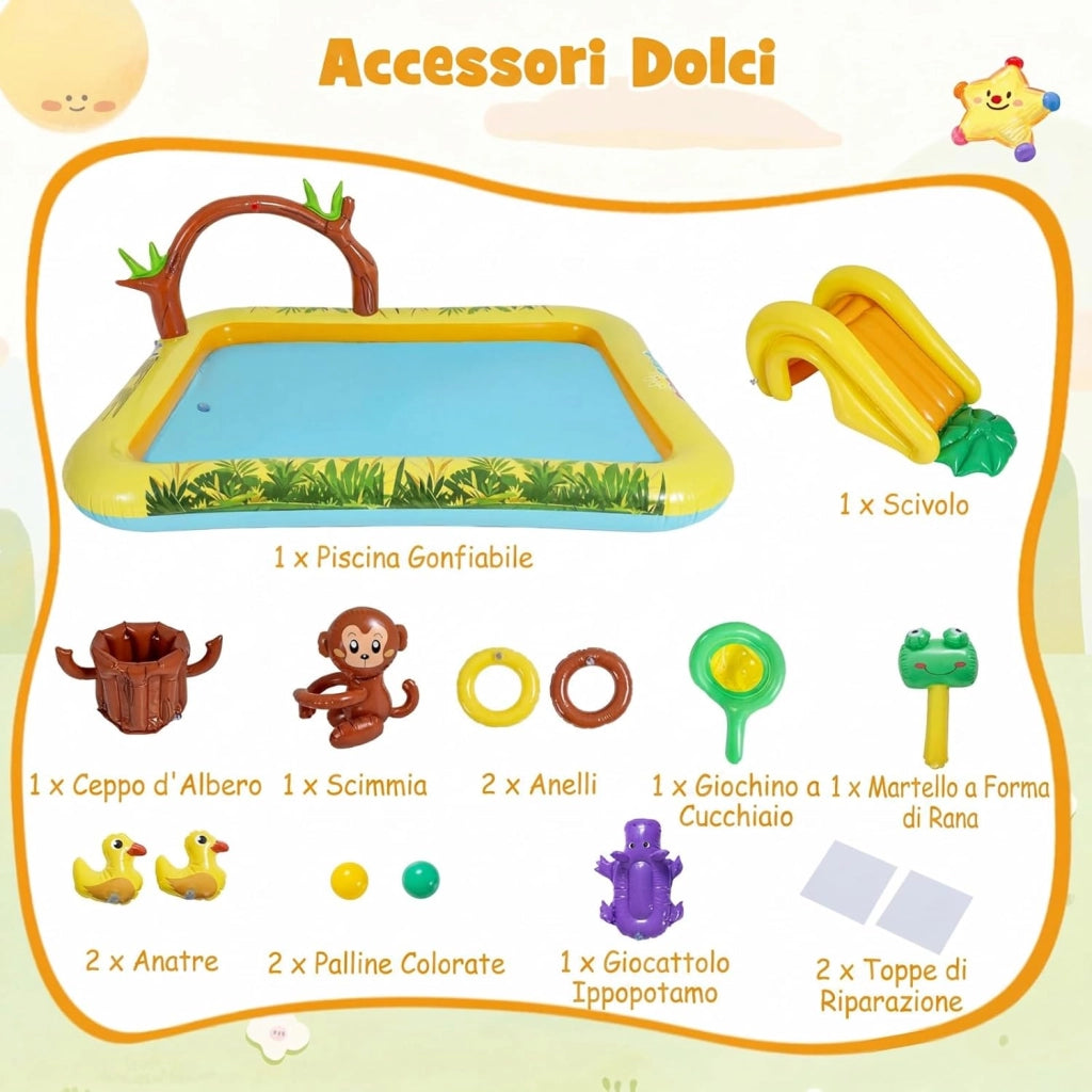 Piscina Gonfiabile per Bambini, Piscinetta per Bambini a Tema Giungla con Scivolo, Palline e Giocattoli a Forma di Animali, Parco Giochi da Esterno per Giardino e Cortile, per 2-6 Anni