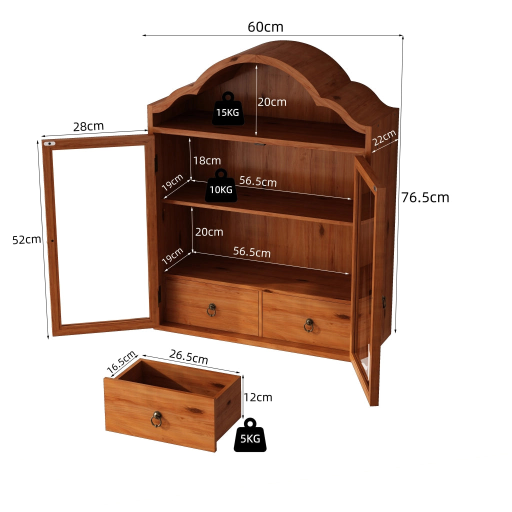Mobile pensile con ripiani regolabili e cassetti - per cucina - in legno massello e vetro temperato - 60 x 22 x 76.5 cm - marrone