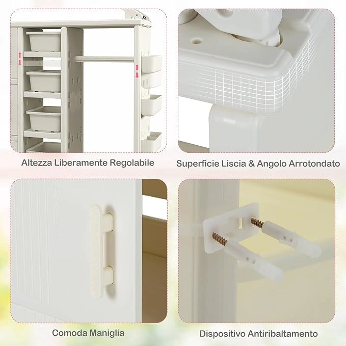 Armadio per Bambini, Organizzatore a Forma di Casa con 1 Lavagna, 3 Armadietti, 4 Cestini, 3 Cubi Chiusi e 3 Cestini Laterali, Armadietto Salvaspazio per Camera da Letto e Soggiorno (Bianco)