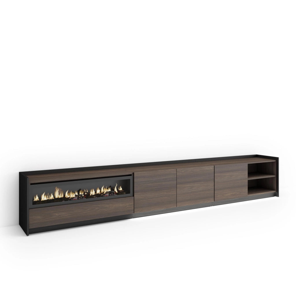 Mobile TV Soggiorno, 310x50x37 cm, Per TV fino a 80", Camino elettrico, LED, Rovere scuro e Nero