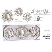Trade Shop - Set 3pz Specchi Da Parete Decorativi Bianco Oro 25/35cm Specchio Plastica 823923 -