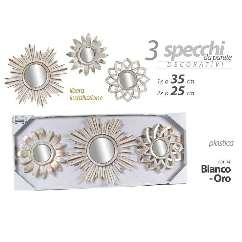Trade Shop - Set 3pz Specchi Da Parete Decorativi Bianco Oro 25/35cm Specchio Plastica 823923 -