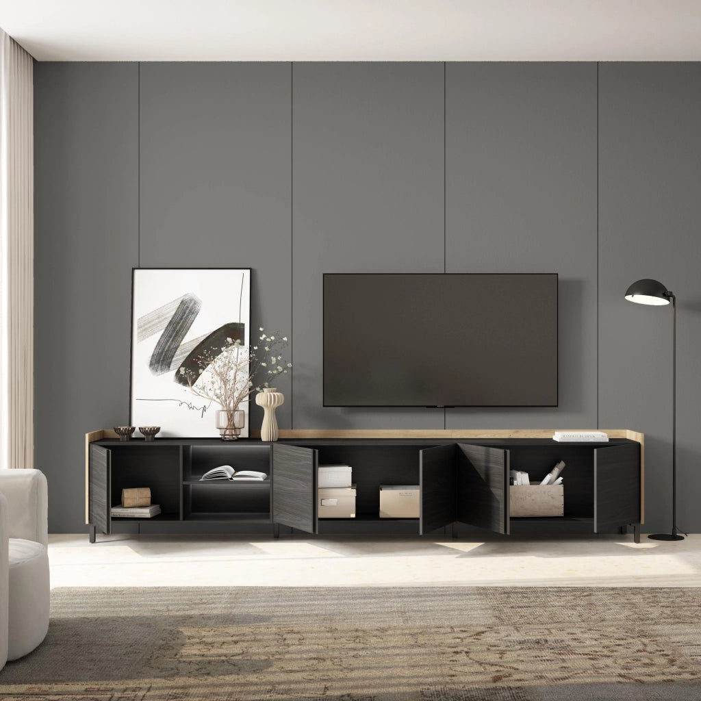 Mobile TV Soggiorno, 309x61x35 cm, Per TV fino a 80", Design industriale, LED, Nero e rovere