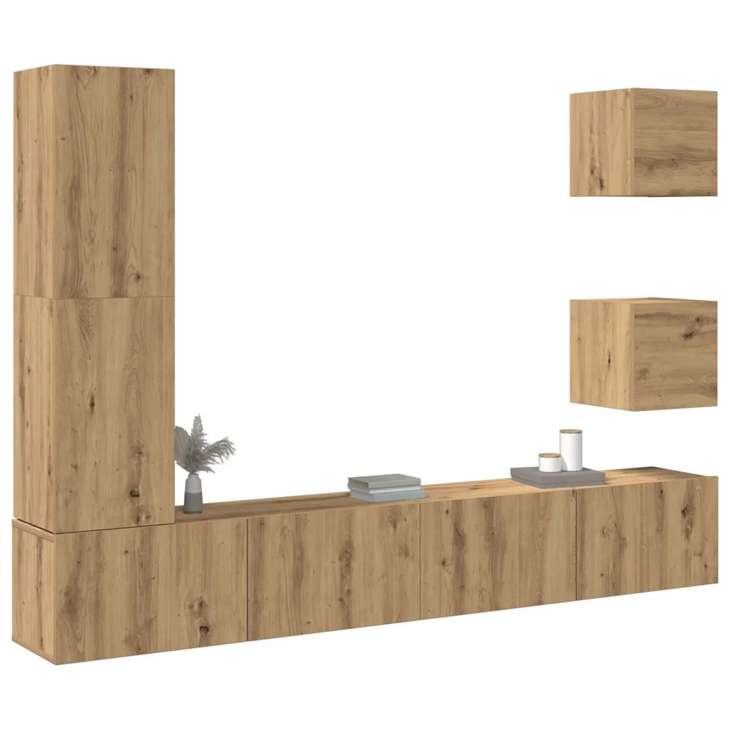 Set Mobile TV 5 pz Montato a Parete Rovere in Legno Multistrato