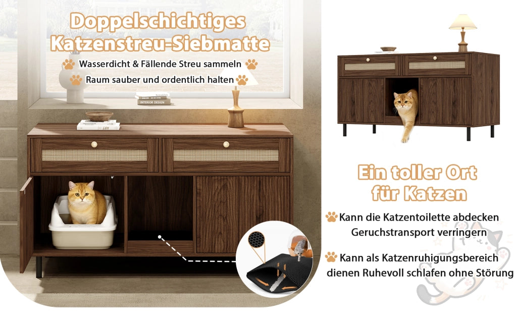 Mobile lettiera per gatti con doppie ante cassetto e tappetino raccogli lettiera per soggiorno noce 120 × 50 × 65 cm