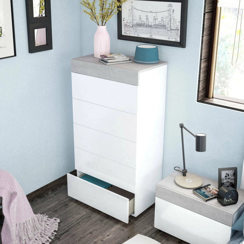 Cassettiera Armo, Settimanale a 5 cassetti, Mobile ComÒ² per camera da letto, ComÒ² moderno, cm 61x40h118, Bianco