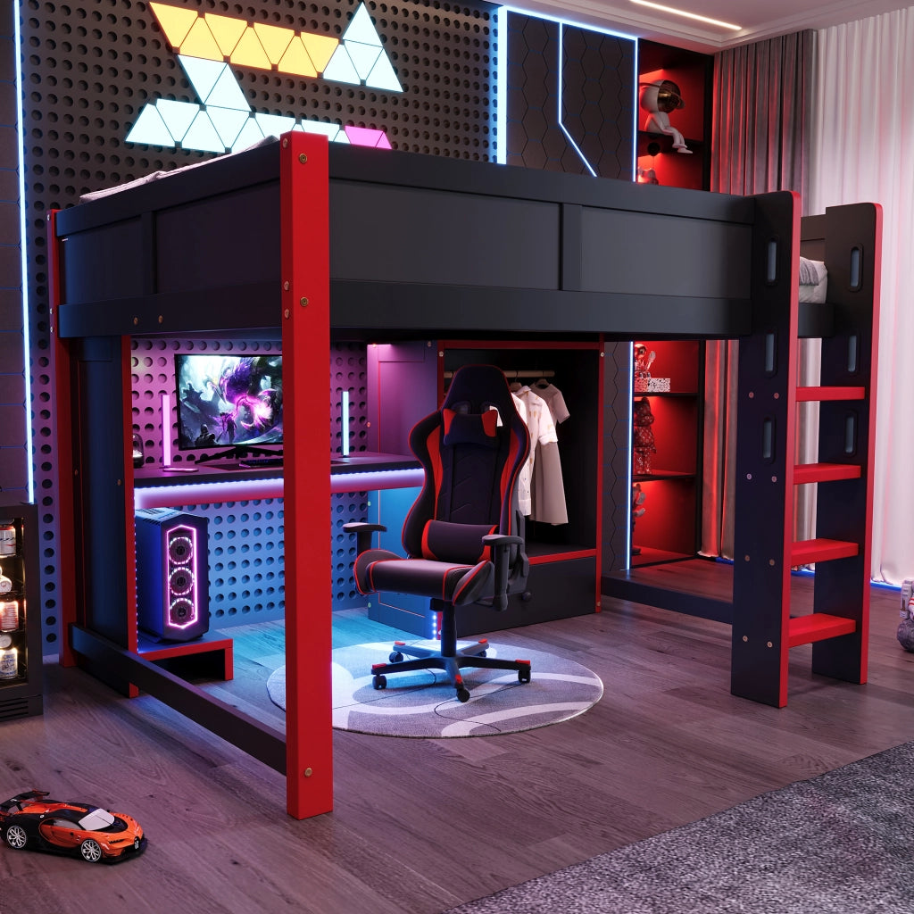 Letto a castello nero rosso con illuminazione LED in pino 140x200 cm