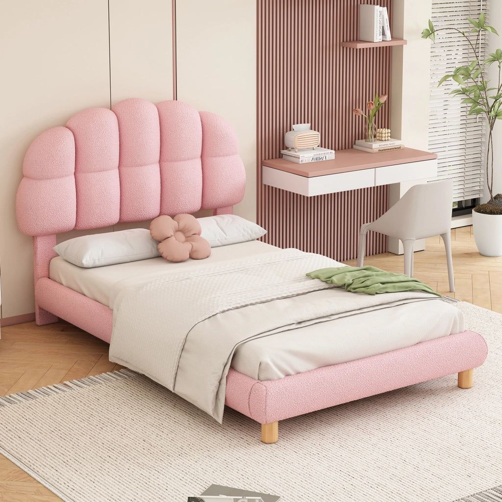 OKWISH Letto Singolo 90×200 cm, Letto Bambini con Testiera Imbottita Regolabile e 12 Doghe, senza Materasso, in Velluto, Rosa