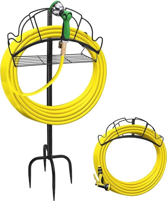 Supporto per tubo da giardino in metallo autonomo, stazione di supporto per tubi da giardino in acciaio inossidabile con contenitore di stoccaggio, supporto per tubi da giardino per cortile, area prato (4 piedi con punte spinose)