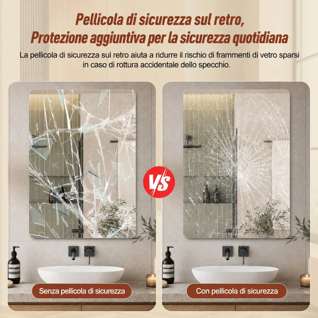 Specchio da Bagno 90x70 cm Senza Cornice; Angoli Arrotondati; Vetro Argento HD 5 mm; Argento