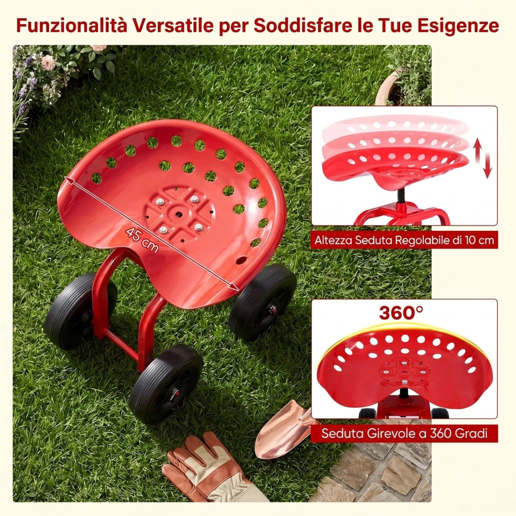 Sgabello con Ruote per Giardinaggio, Sedile con Ruote Regolabile in Altezza e Portatile, Seggiolino da Giardino, Prato e Cortile, Portata 150kg (Rosso)