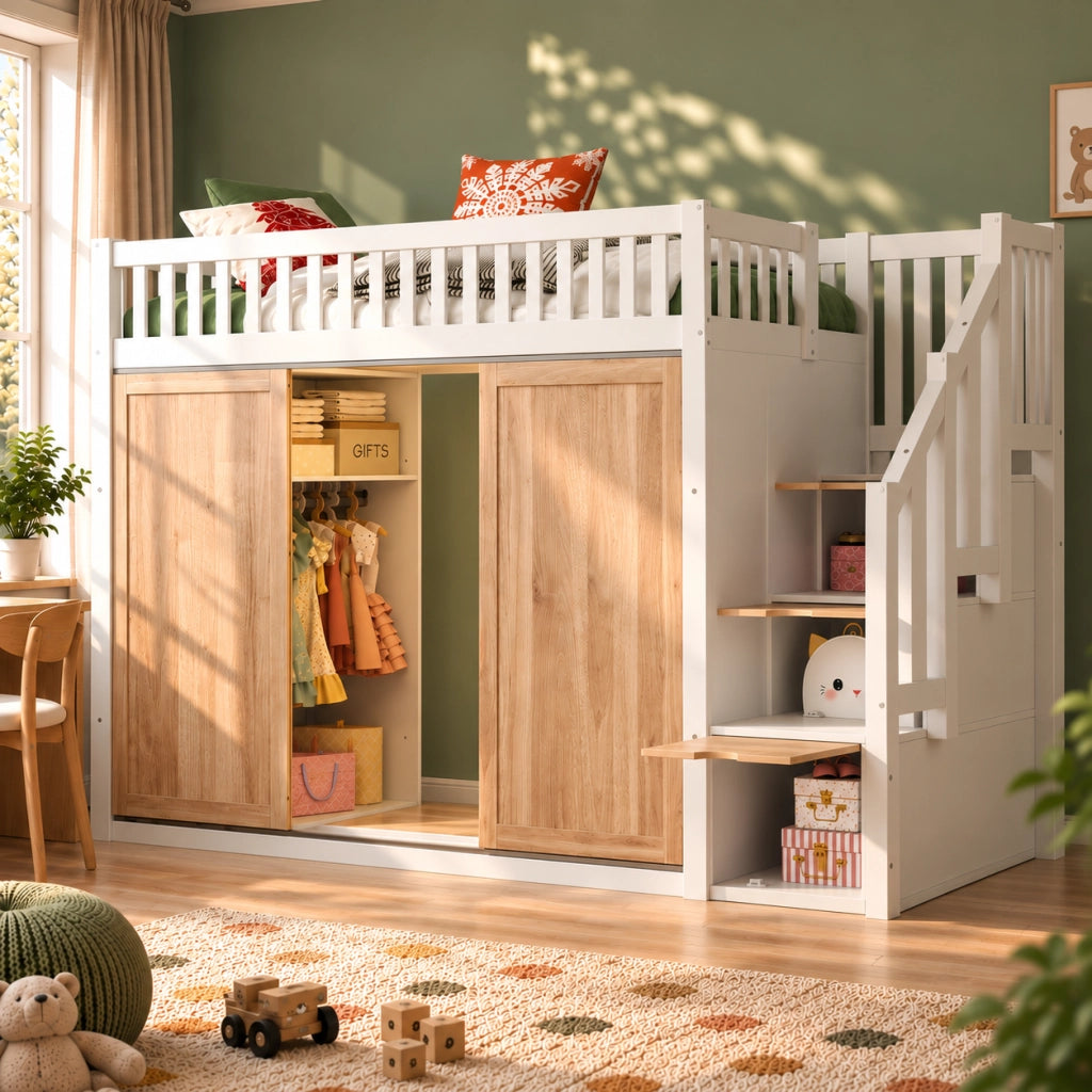 Letto per bambini con armadio, scala contenitore e LED, 90x200 cm, bianco/rovere
