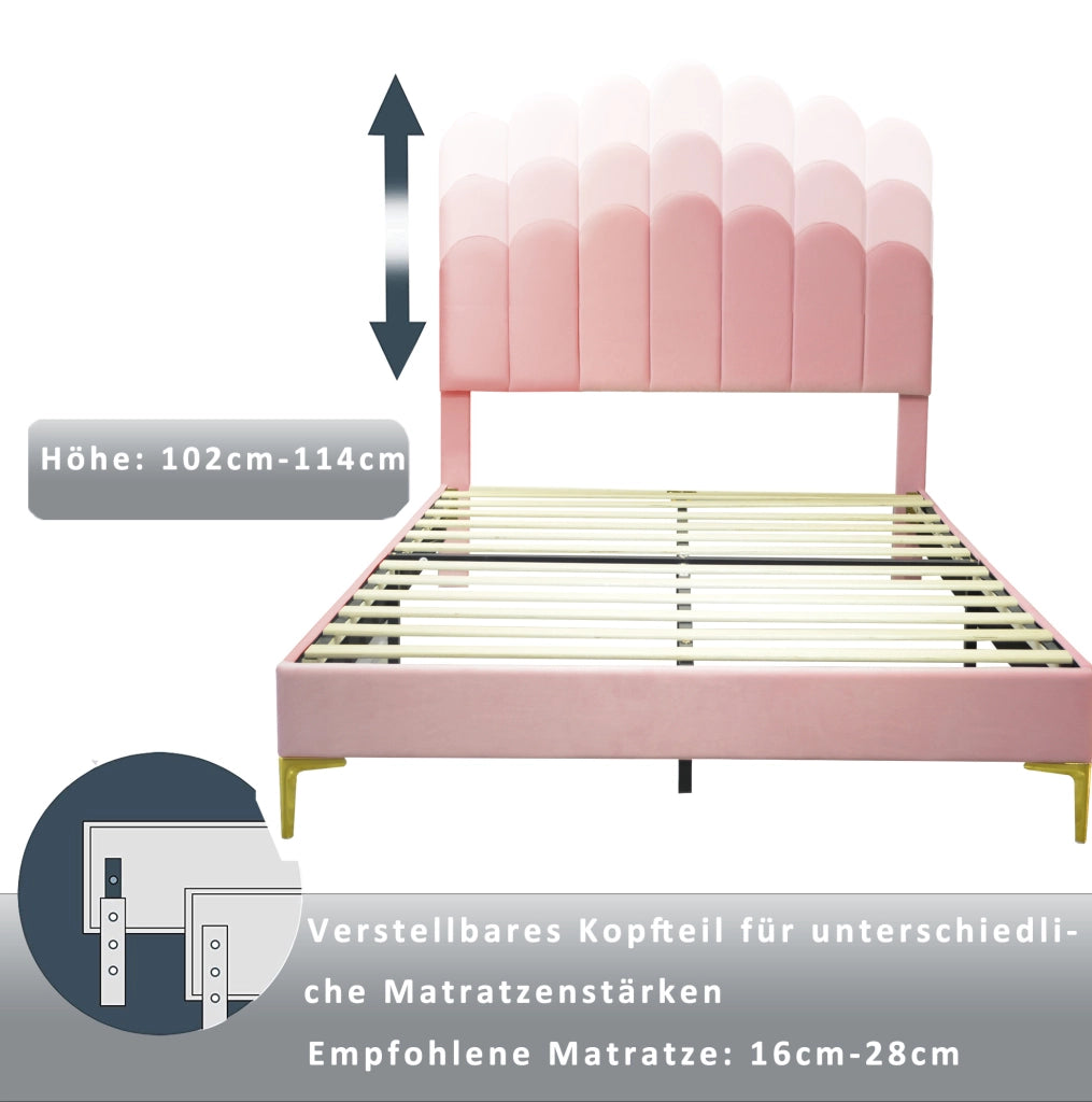 Letto matrimoniale imbottito 140x200 cm in velluto rosa con testiera regolabile