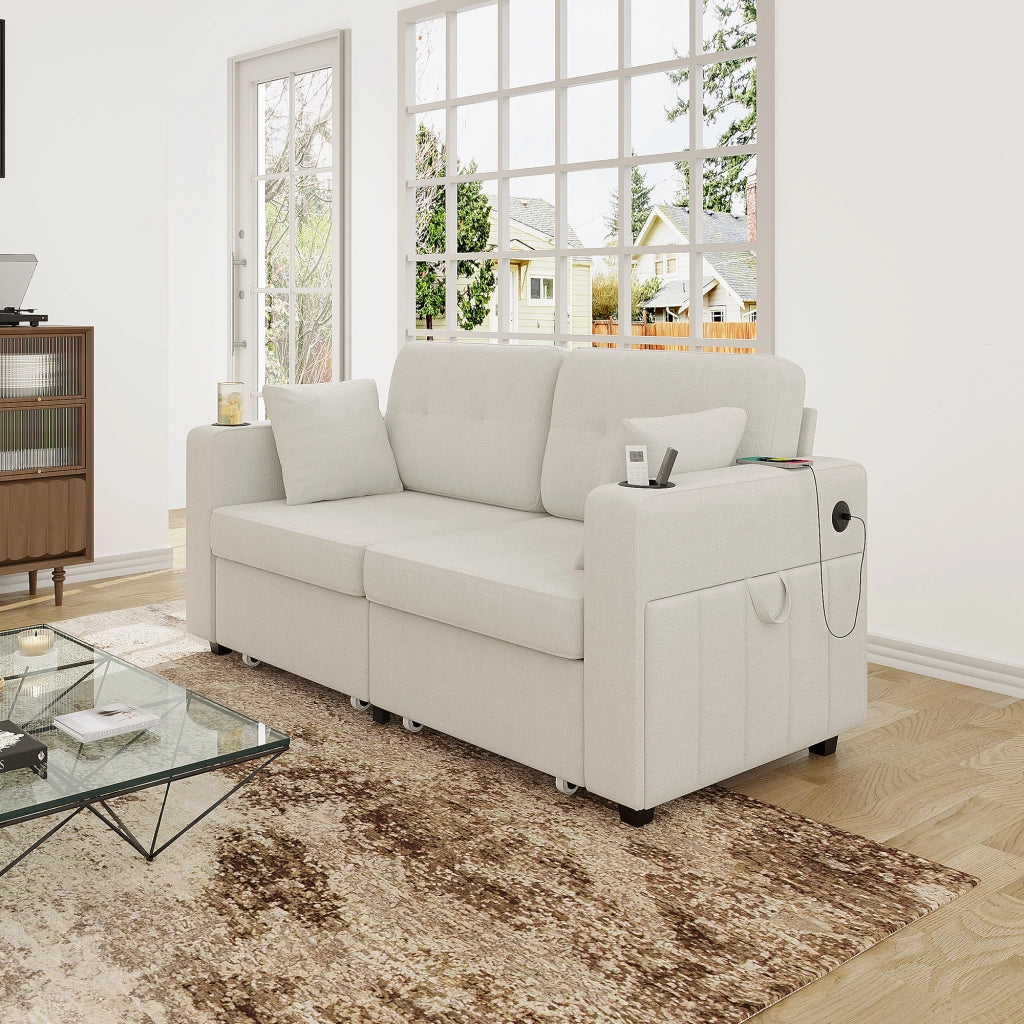 Divano a 2 posti con due cassetti contenitore, porte USB, portabicchieri e tasche laterali in ciniglia beige