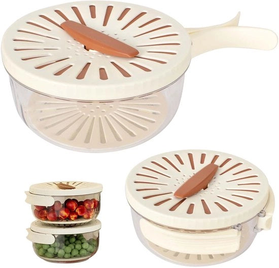 Cesto di Scarico - Frutta e Verdura - Con Coperchio - Bianco e Marrone - Sfogliatura e Conservazione - Utile per la Cucina - Design Moderno