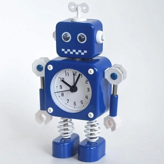 Alarme Robot con Orologio con Orecchio di Metallo Inossidabile - Silenzioso - con Luce Lampeggiante e Braccio Rotante - Regalo per Bambini (blu)