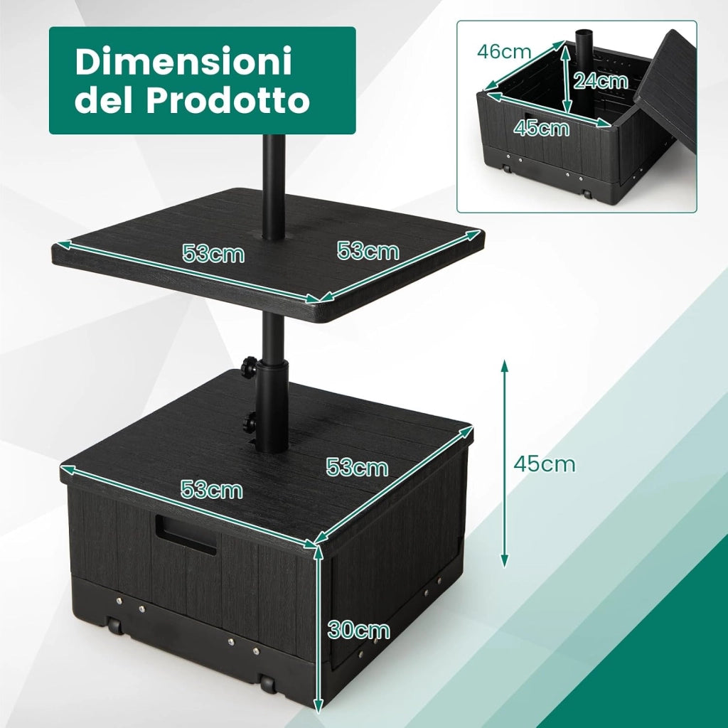 Base per Ombrellone, con Tavolino e Sacca Ponderata, Supporto per Ombrellone 45L, 67 kg di Sabbia, Vassoio, Ruote, per Ombrellone 38 mm/48 mm (Nero)