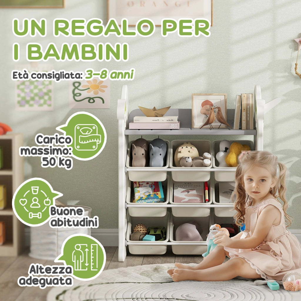 Scaffale Portagiochi a 4 Livelli con 9 Contenitori 77x42x94 cm in HDPE Bianco Crema
