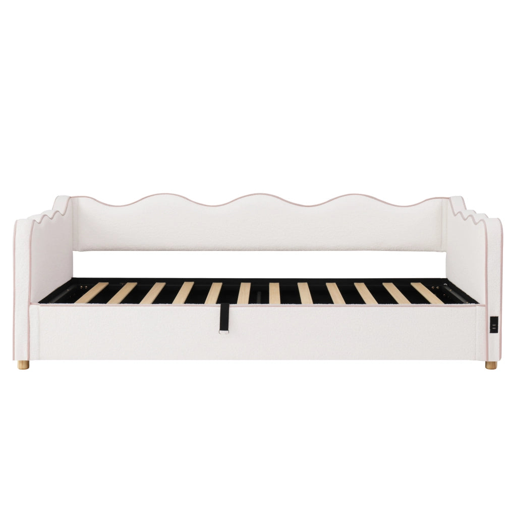 Letto 90x200 cm con contenitore idraulico; USB C; bouclé beige
