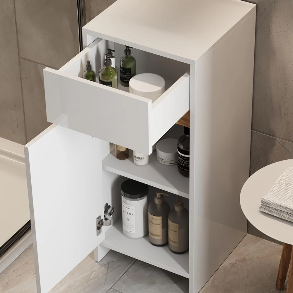 Mobiletto midi Detmold, Bianco lucido/oro power oak, 35 x 82 cm con anta e cassetto, adatto per montaggio a parete e combinabile con la serie Detmold
