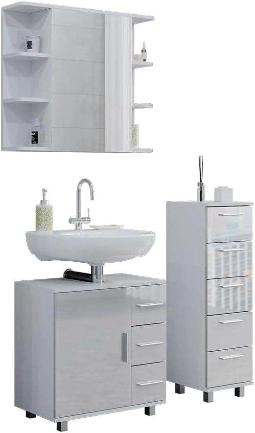 Set mobili bagno Ilias, Bianco lucido, 60 cm, composto da mobile sottolavabo, specchiera e mobile medio