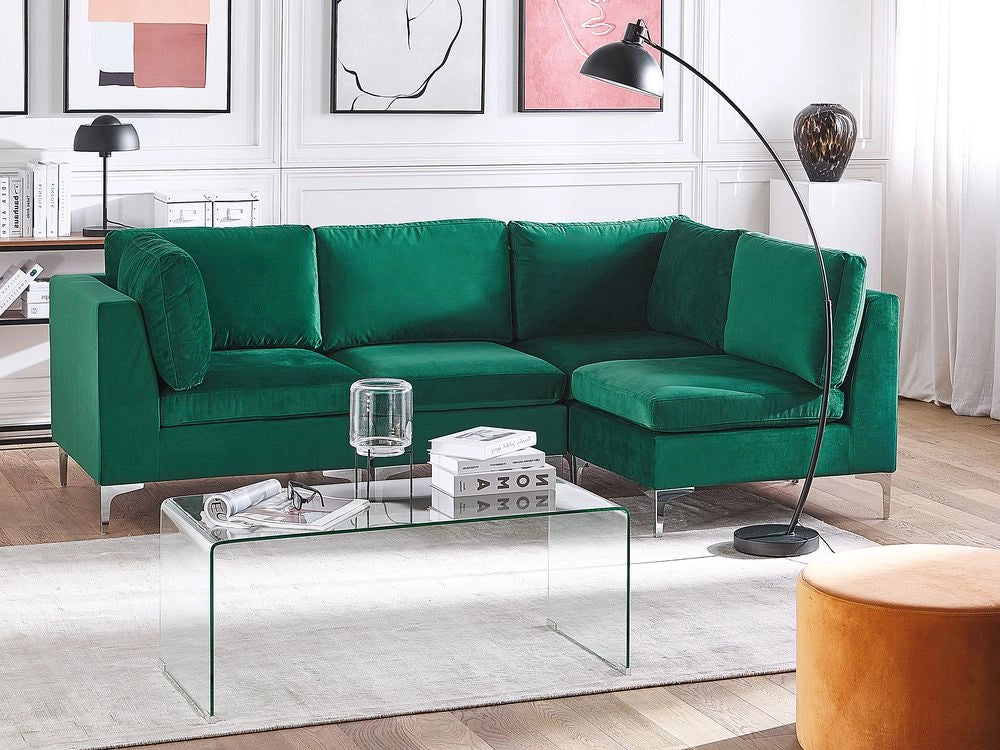 Divano ad angolo componibile versione sinistra a 4 posti in velluto verde con gambe in metallo argento stile glamour