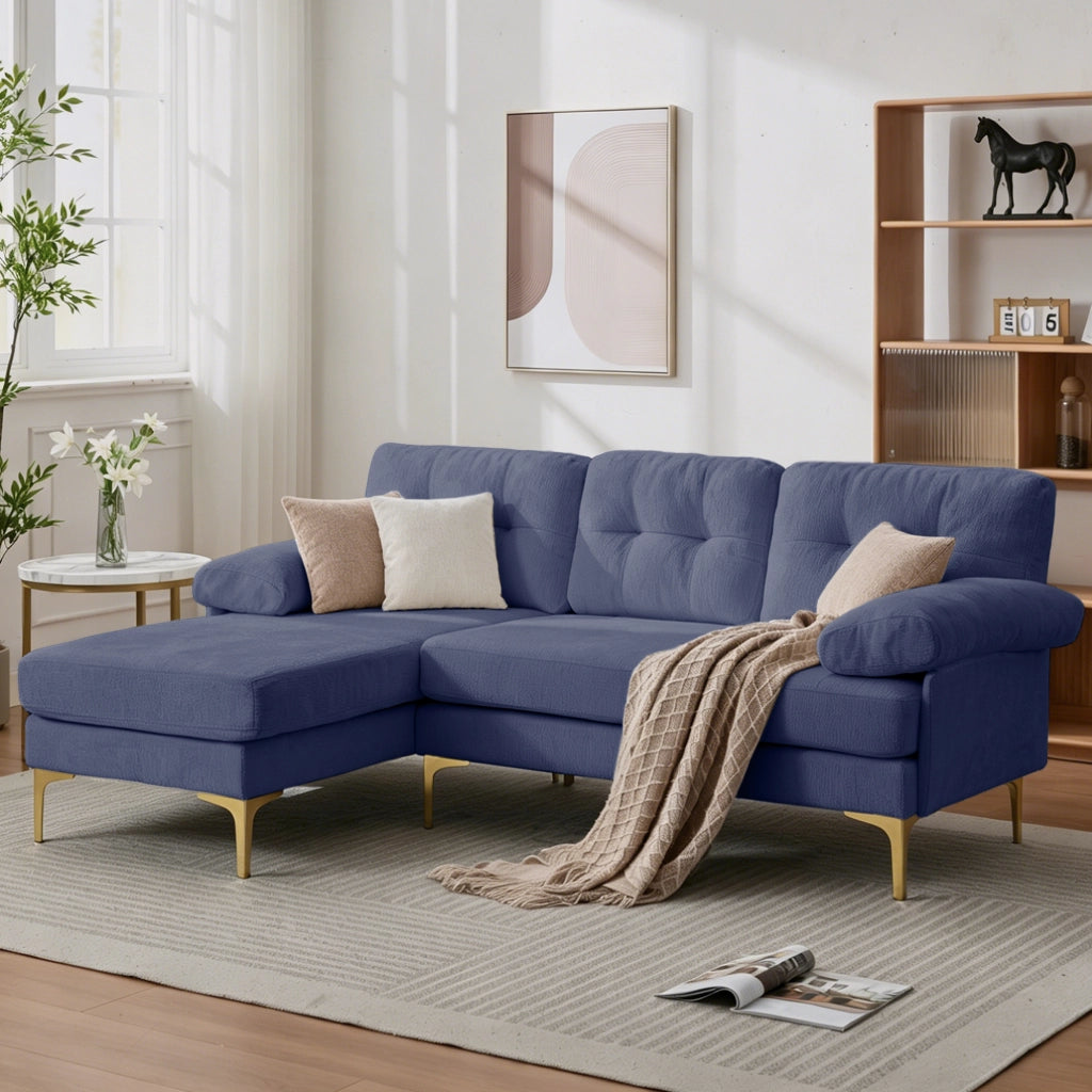 Divano Angolare 3 Posti ¨C MINIMAL ¨C Tessuto Chenille Blu, Gambe in Metallo, Funzione Relax