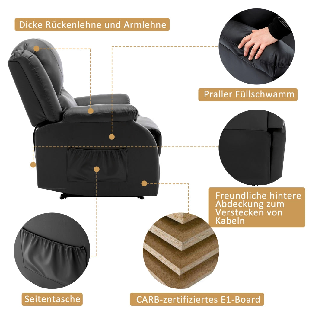 Poltrona relax reclinabile con poggiapiedi e tasca laterale in similpelle nera