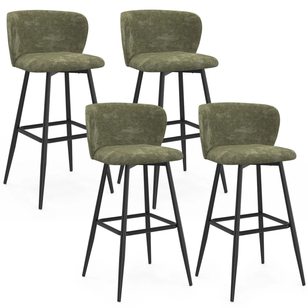 IDMarket - Set di 4 sgabelli da bar FANNY con seduta in ciniglia verde kaki e gambe in metallo nero
