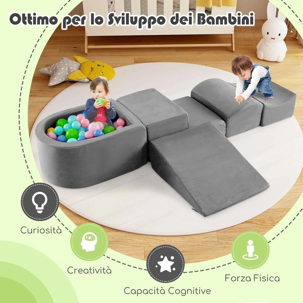 Set di 5 Pezzi Gioco in Schiuma, Blocchi con Piscina di Palline per Bambini, Coperture Lavabili con Cerniere, Blocchi Creativi per Stanza di Giocattoli, Camera da Letto (Grigio)