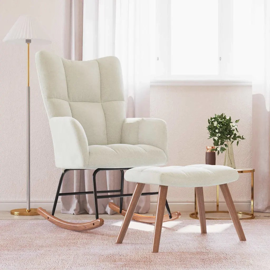 Poltrona a Dondolo | Sedia Relax con Poggiapiedi Bianco Crema in Velluto