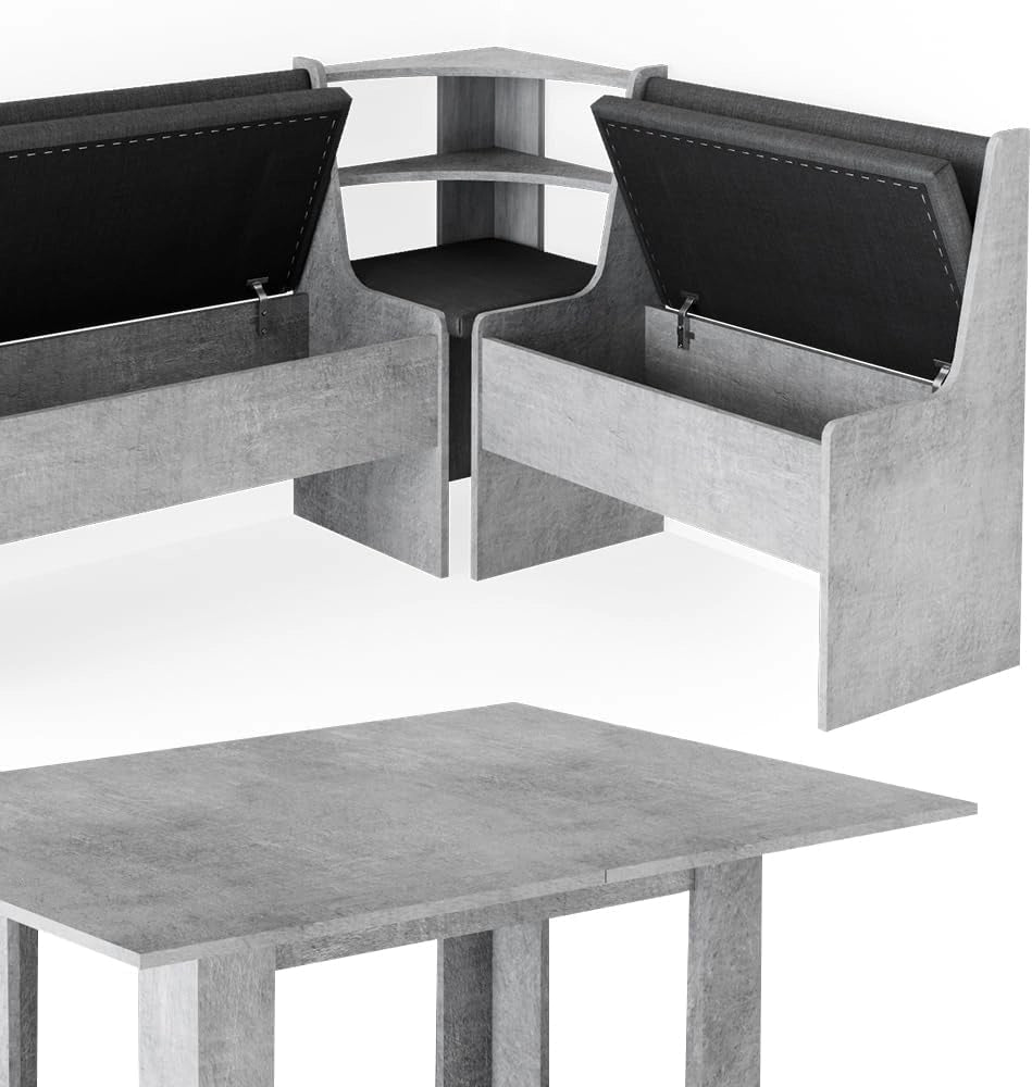 Gruppo panca ad angolo Roman, Calcestruzzo, 150 x 120 cm con tavolo, adatto per il posizionamento ad angolo in cucine e sale da pranzo
