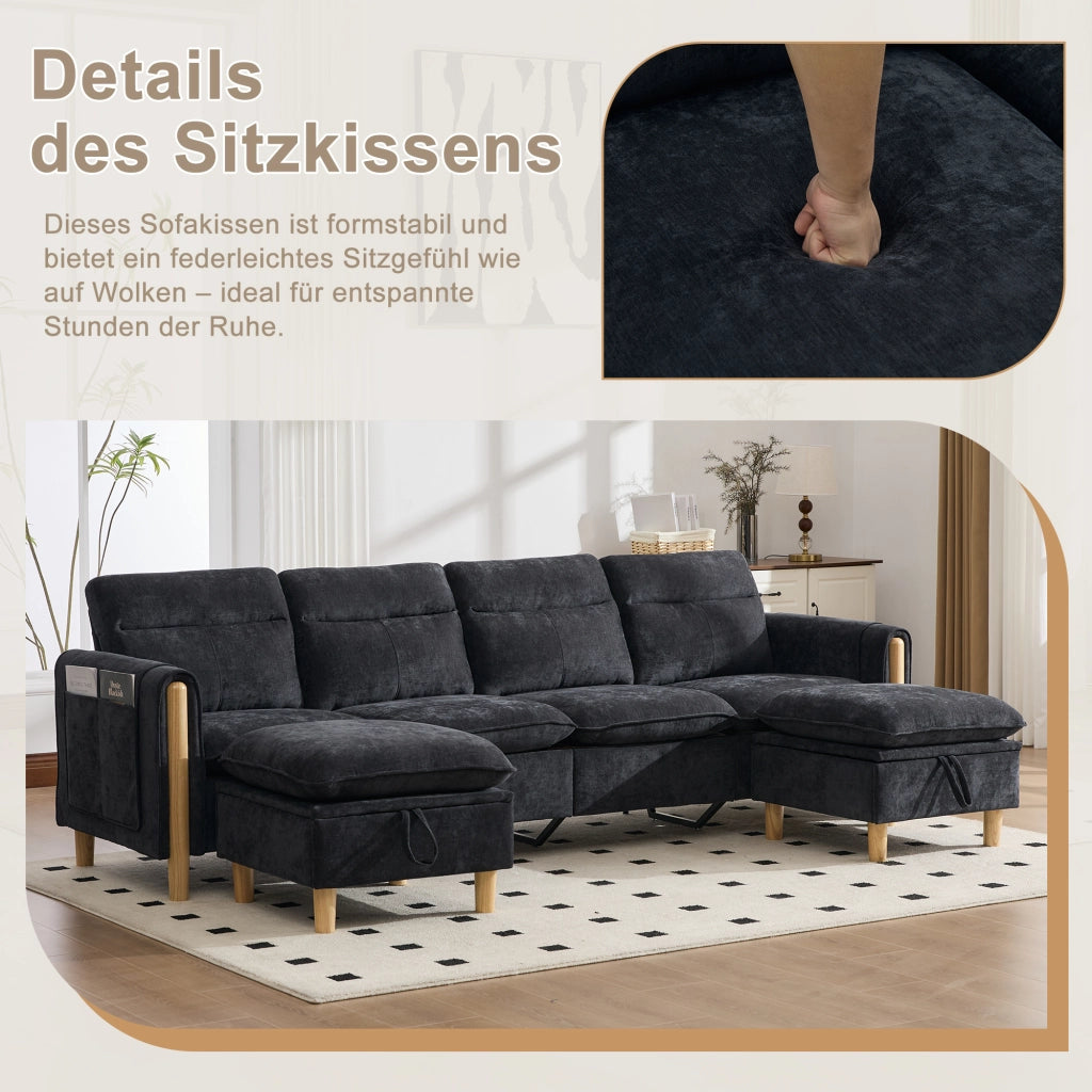 Divano modulare a U con 2 pouf contenitore 4 posti in chenille con gambe in legno nero 261 × 77 × 86 cm