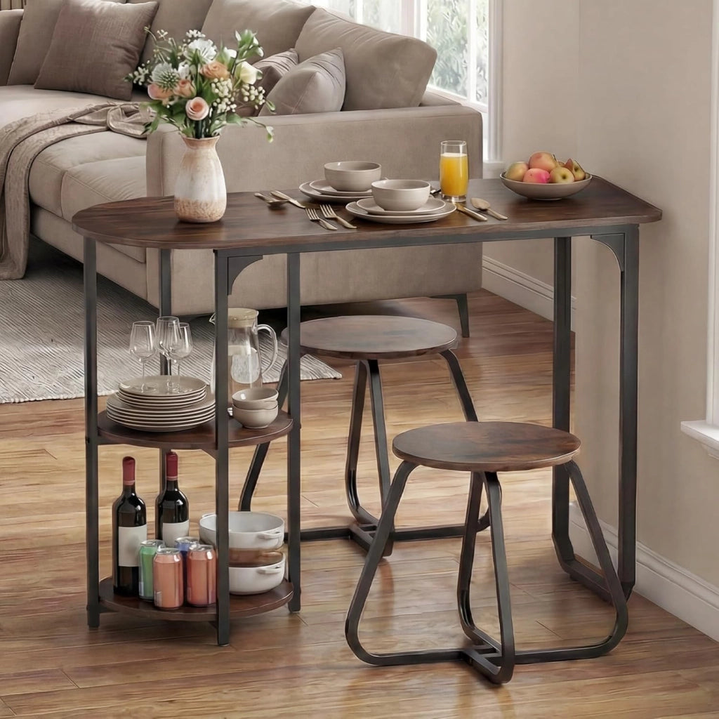 Set da pranzo con tavolo e 2 sgabelli, tavolo da pranzo con 2 ripiani, 110 x 45 x 78 cm, tavolo rettangolare da cucina per piccoli spazi, cucina, soggiorno (marrone)