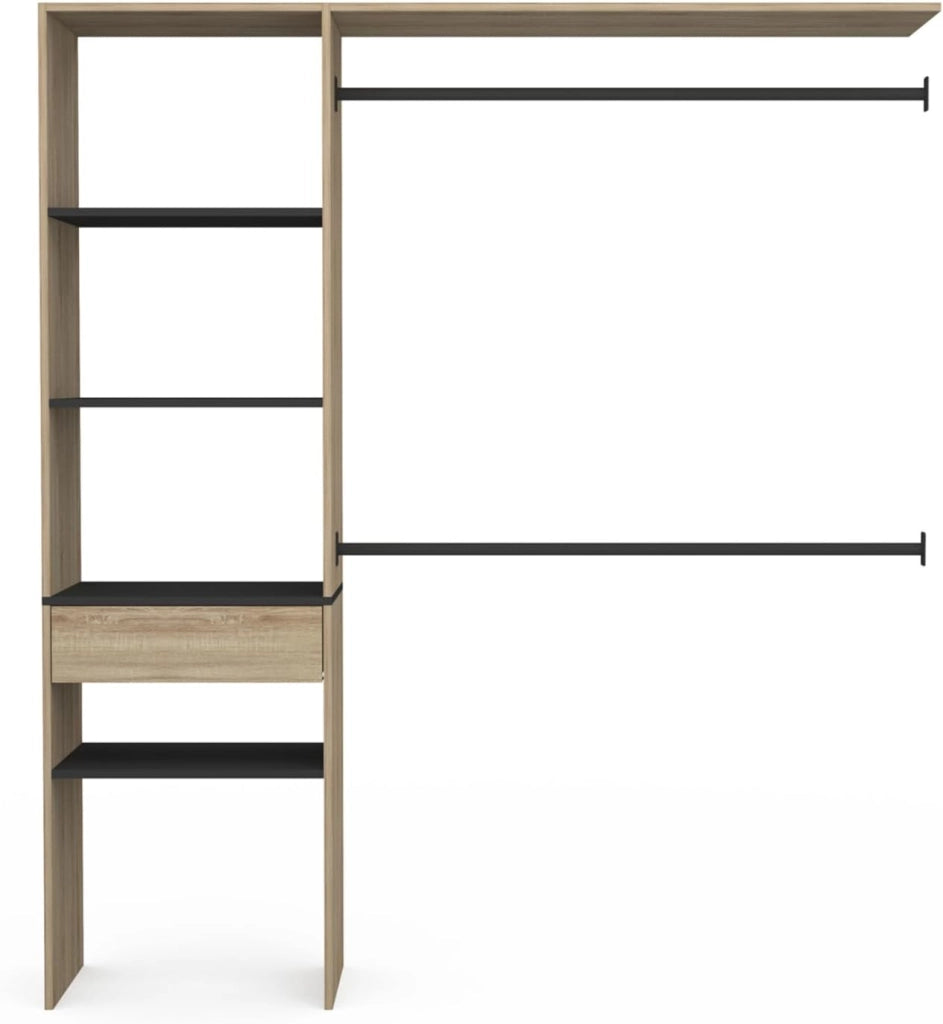 MELINE 160 x 40 x 180 cm set spogliatoio in faggio con ripiani neri + cassetto + armadio doppio