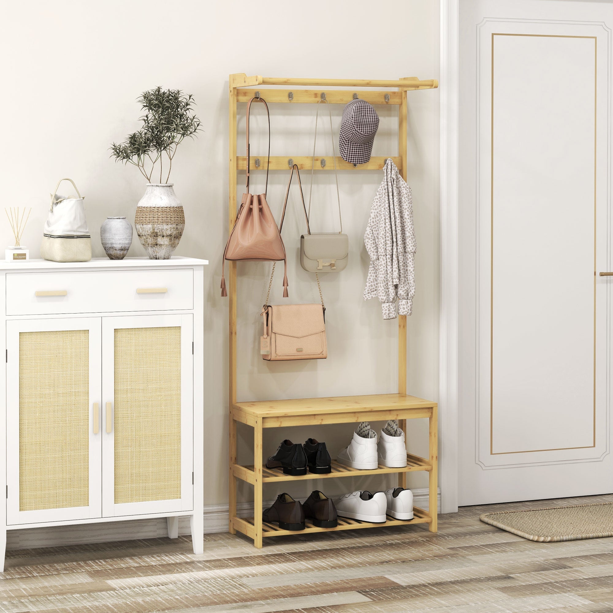 Mobile Appendiabiti da Terra con Ganci Aste e Scarpiera in Bambù 70x31x170 cm Marrone