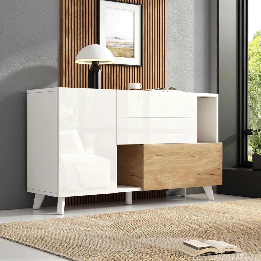 Credenza Moderna Bianco Lucido e Legno Madia 130 cm con 2 Cassetti e Ante Stile Scandinavo