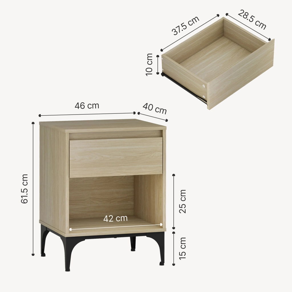 Tavolino Laterale Kistiandi Comodino con Cassetto 62 x 46 x 40 cm - Effetto Rovere Chiaro [en.casa]