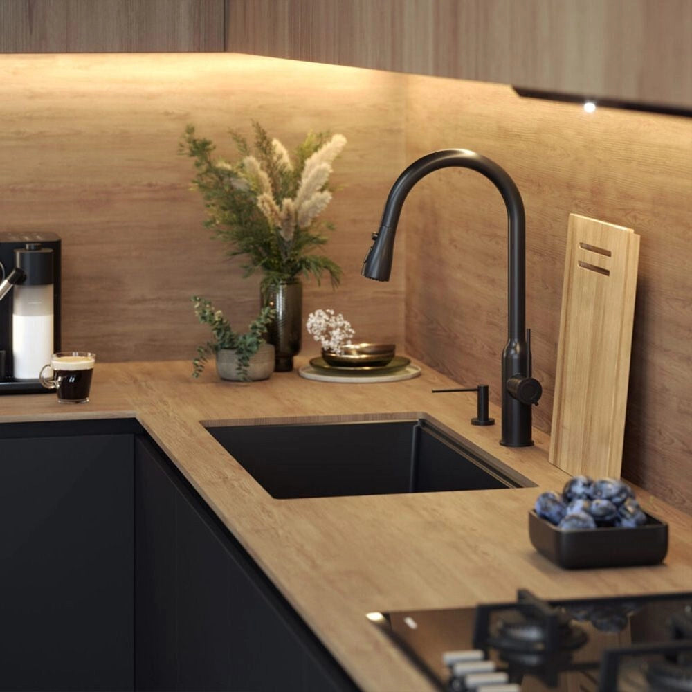 Lavello In Granito Logan 110 Black Tappo rame spazzolato