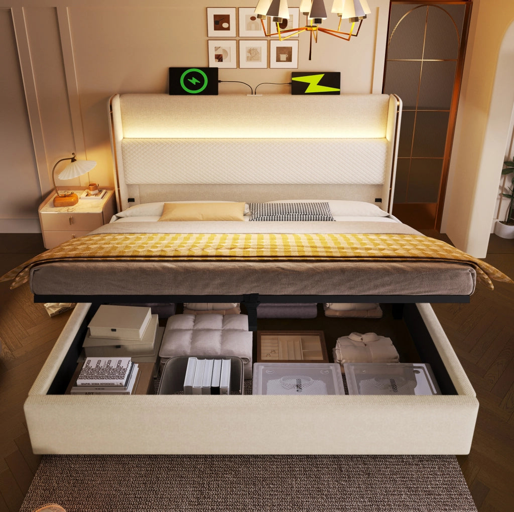 Letto 160x200 cm con contenitore; LED e prese USB/Type-C in lino beige