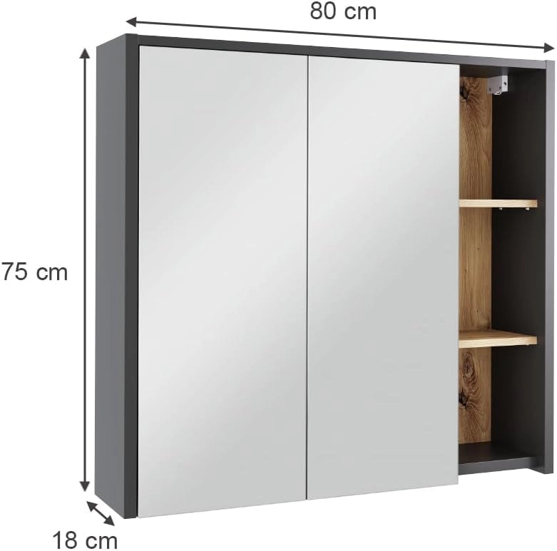 Mobile a specchio per il bagno Viola, Grigio/Artisan, 80 x 75 cm con ripiani aperti