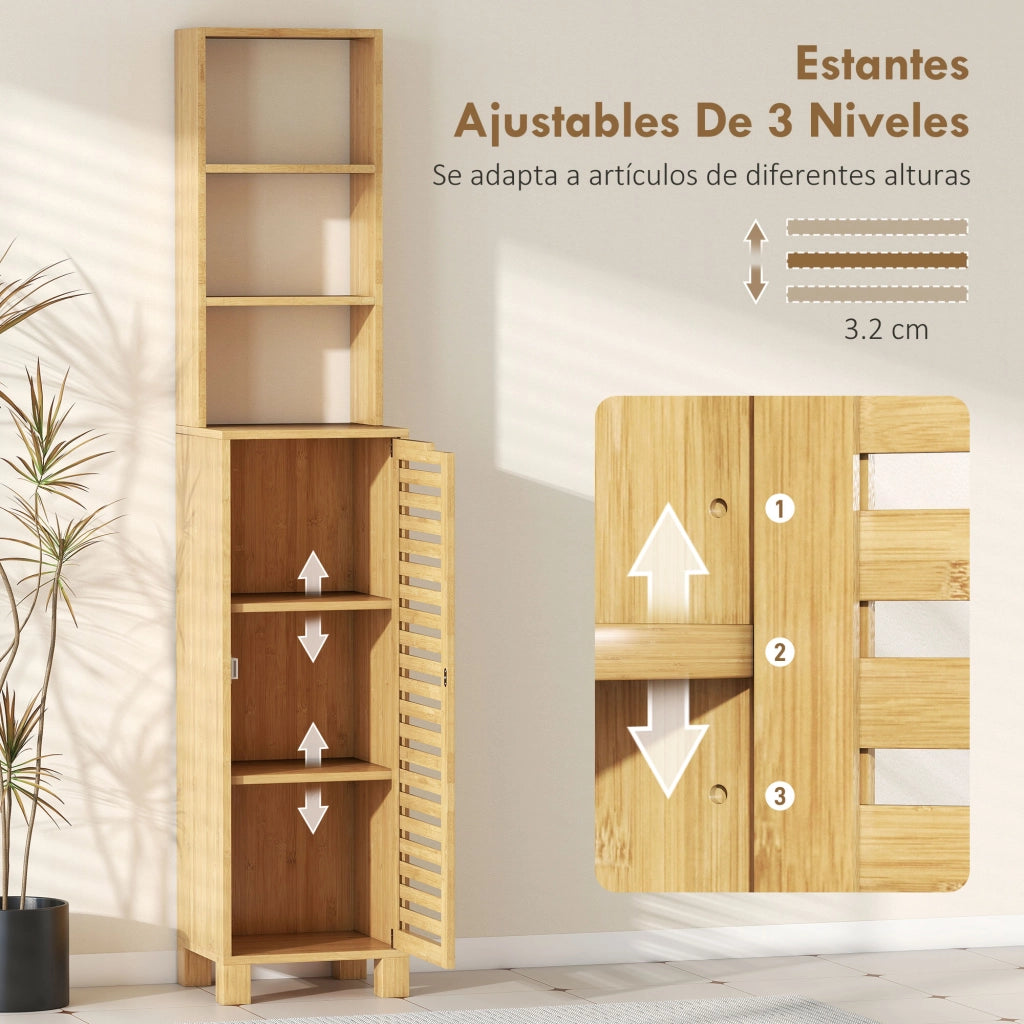 Armadietto Bagno Alto Stretto in Bamb¨´ con 3 Ripiani e Ante a Lamelle ¨C Zephmum ¨C 34x30x170 cm Naturale