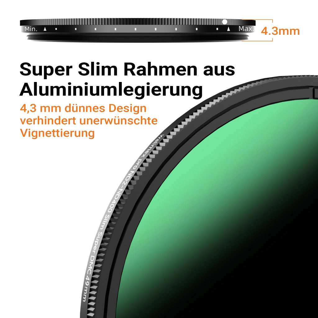 ND2-ND400 Fader Slim 72 mm filtro grigio variabile con 9 stop, filtro ND con rivestimento a 18 strati, filtro per obiettivo con montatura slim da 4,3 mm