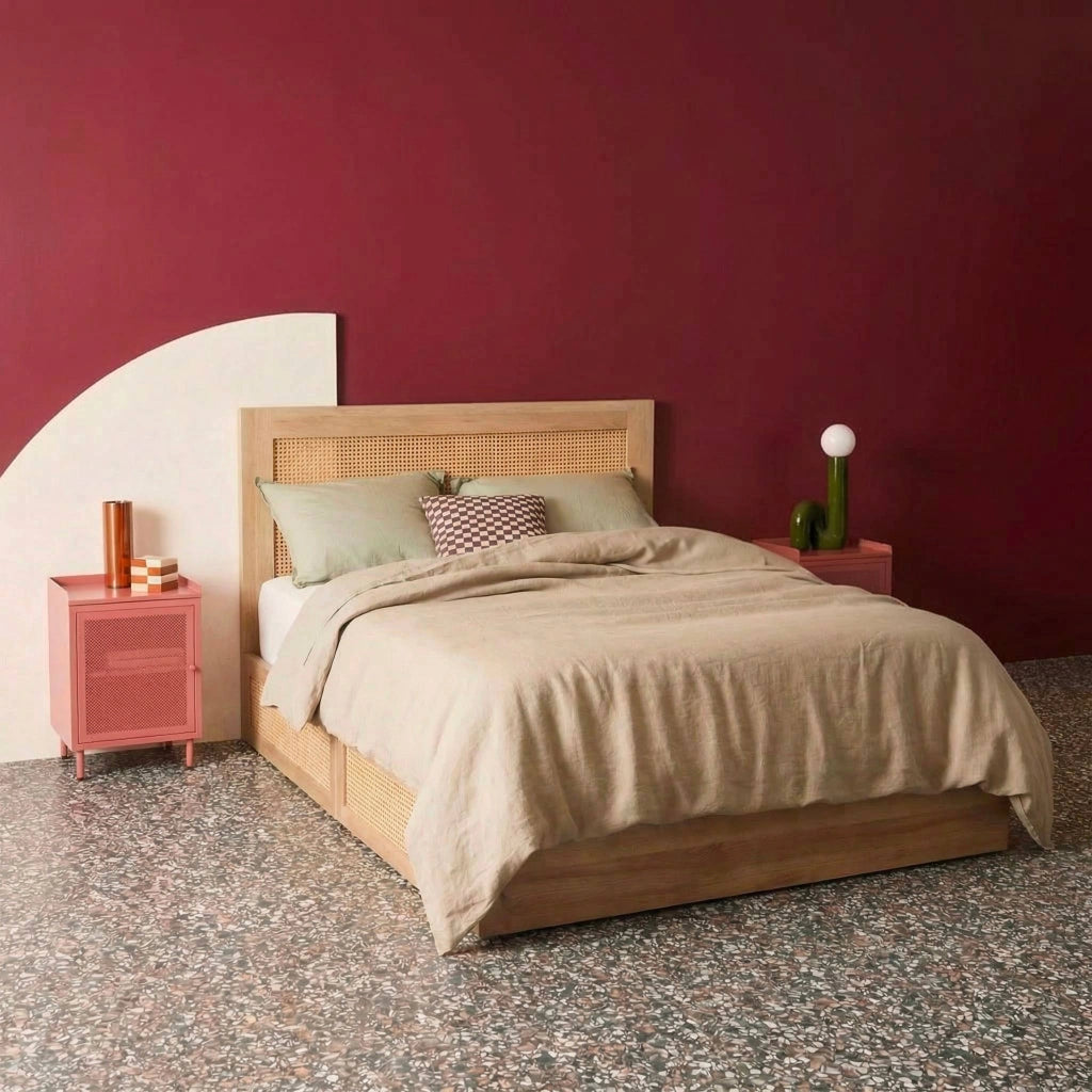 Letto bohemien con rete a doghe e testiera 160x200cm + 4 cassetti,