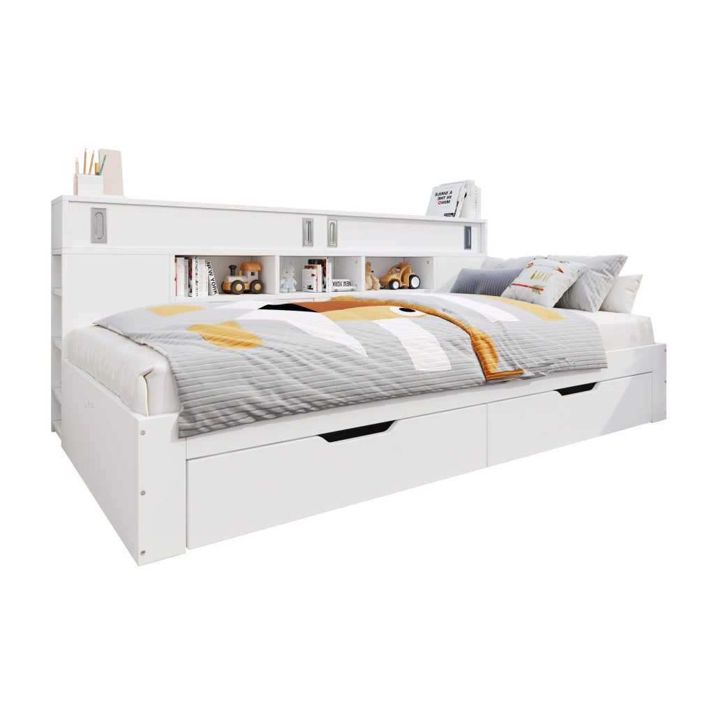 Letto daybed 140x200 cm con contenitore; 2 cassetti; scaffali e armadi; bianco