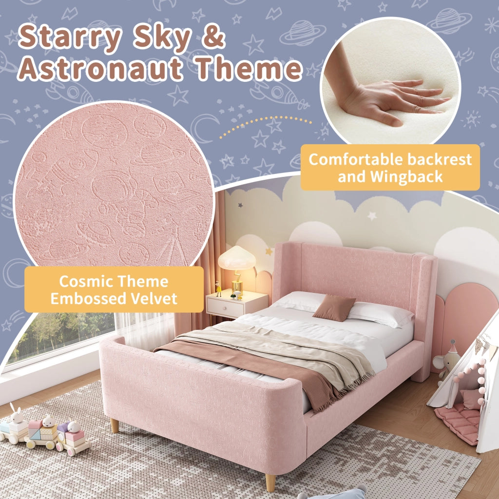 Letto per Bambini 90x200 cm - Letto a Divanetto in Velluto con Motivo Spaziale - Rosa