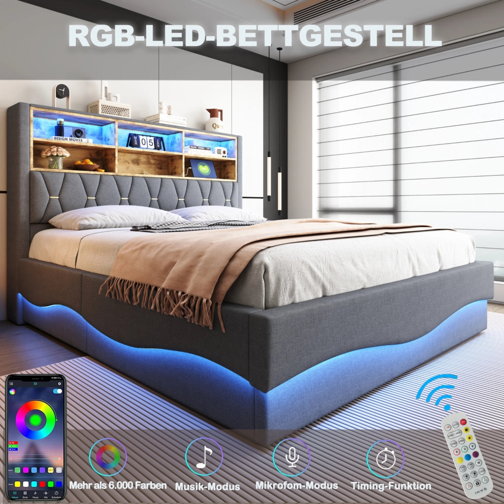 DESMIU Letto contenitore 180 × 200 cm 2 posti, contenitore idraulico, LED e USB, senza materasso, lino grigio