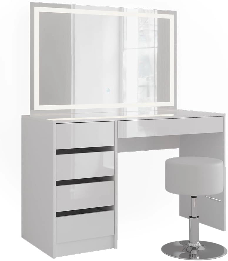 Tavolo da toeletta Sherry, Bianco/bianco lucido, 119.8 cm con specchio LED e sgabello